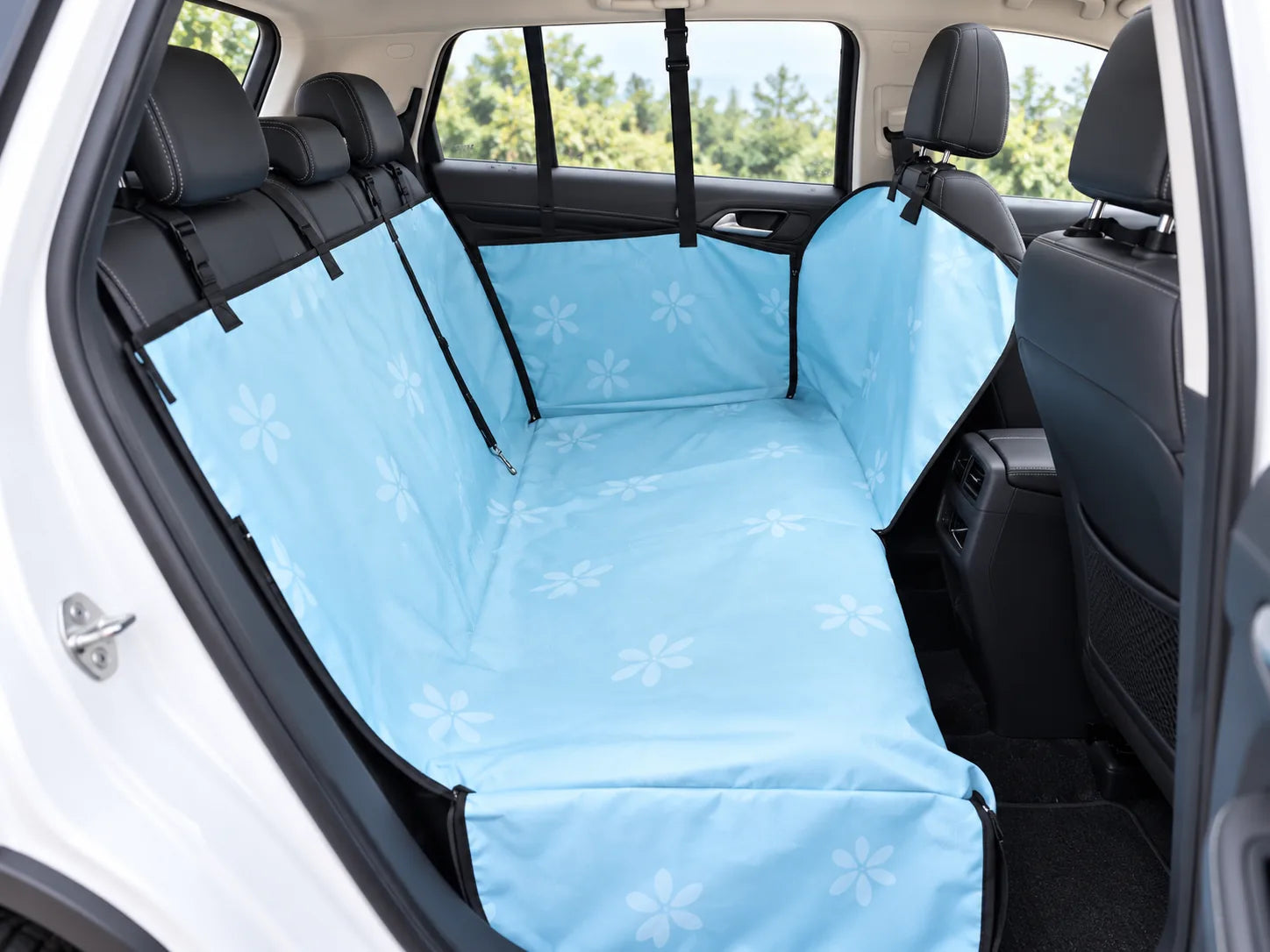 Baby blue hammock covering the full backseat