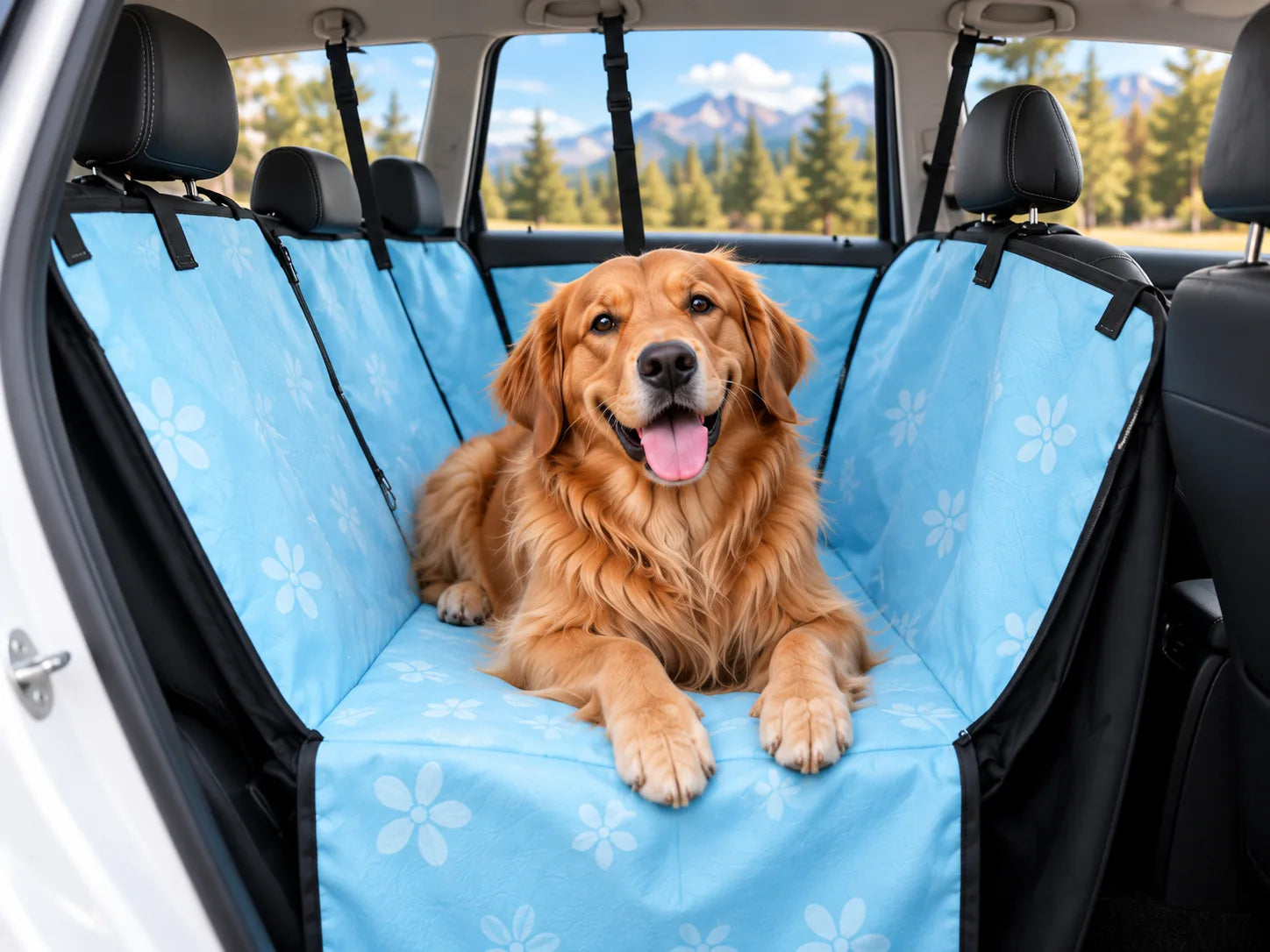 Golden retriever relaxing on the baby blue PetPassenger backseat hammock