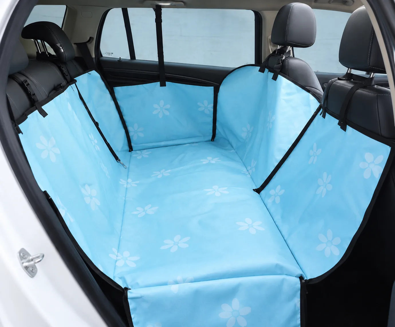 Fully installed baby blue backseat hammock