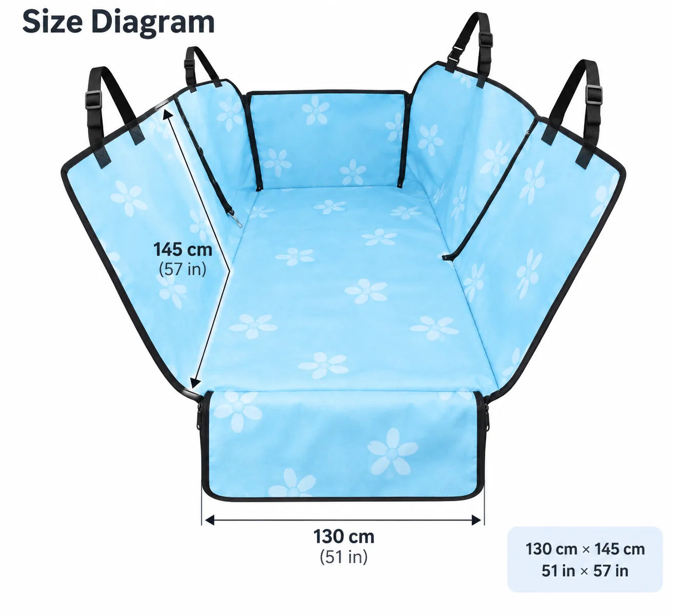 Size diagram: 130 by 145 centimeters, about 51 by 57 inches
